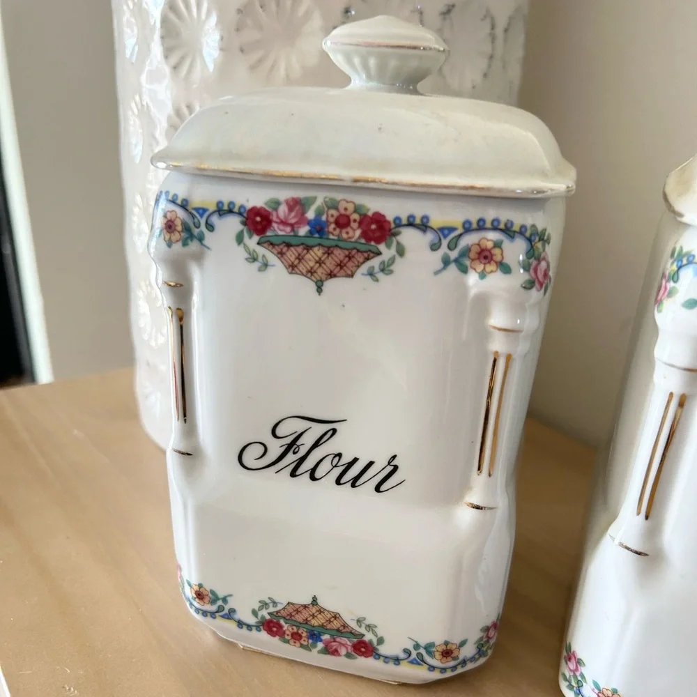 Vintage 1920s Victoria China Czechoslovakia Floral Flour & Sugar Canister Set
